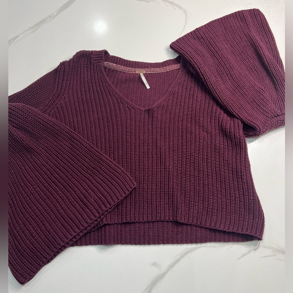 Free People Wine Damsel Bell Sleeve Sweater size Small Cotton Knit - Picture 2 of 6